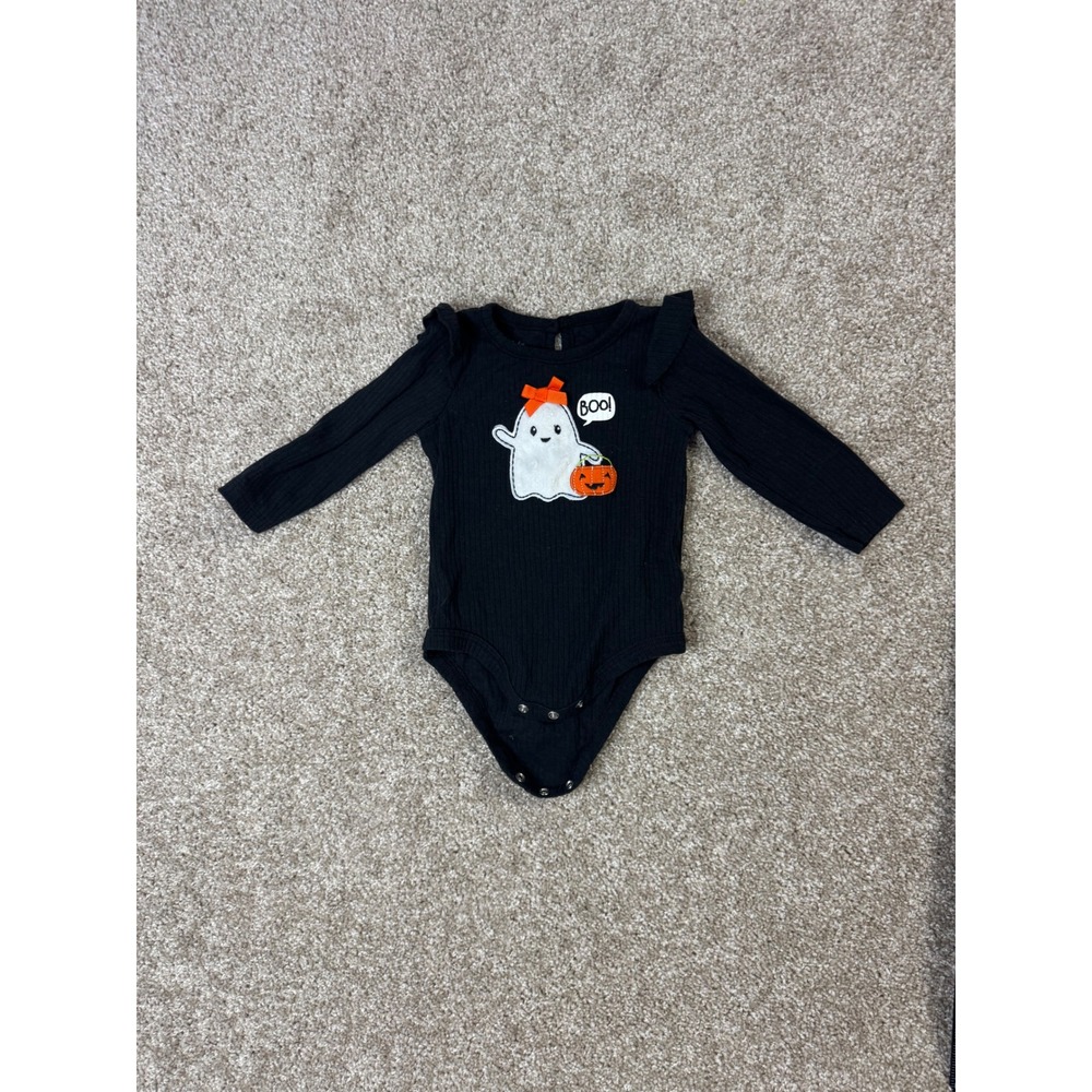 Baby Essentials 9M Black Ribbed Halloween Ghost Ruffle Long Sleeve Bodysuit